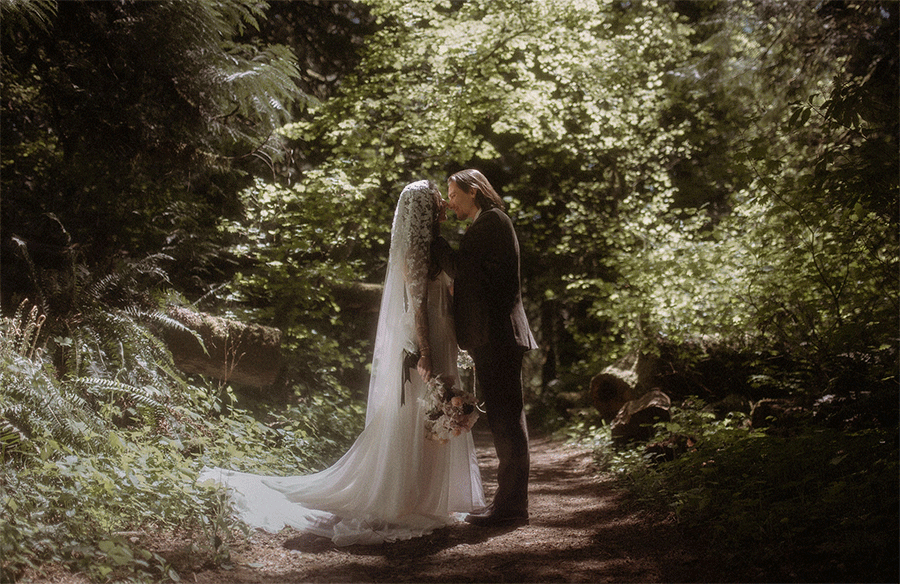 Couple kissing in golden sunlight beneath lush green forest canopy during their sacred elopement in the Washington Cascades.